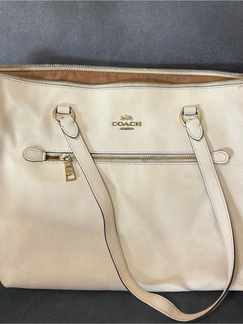 Coach Cream Leather Tote with Gold-Tone Logo and Zip Pocket